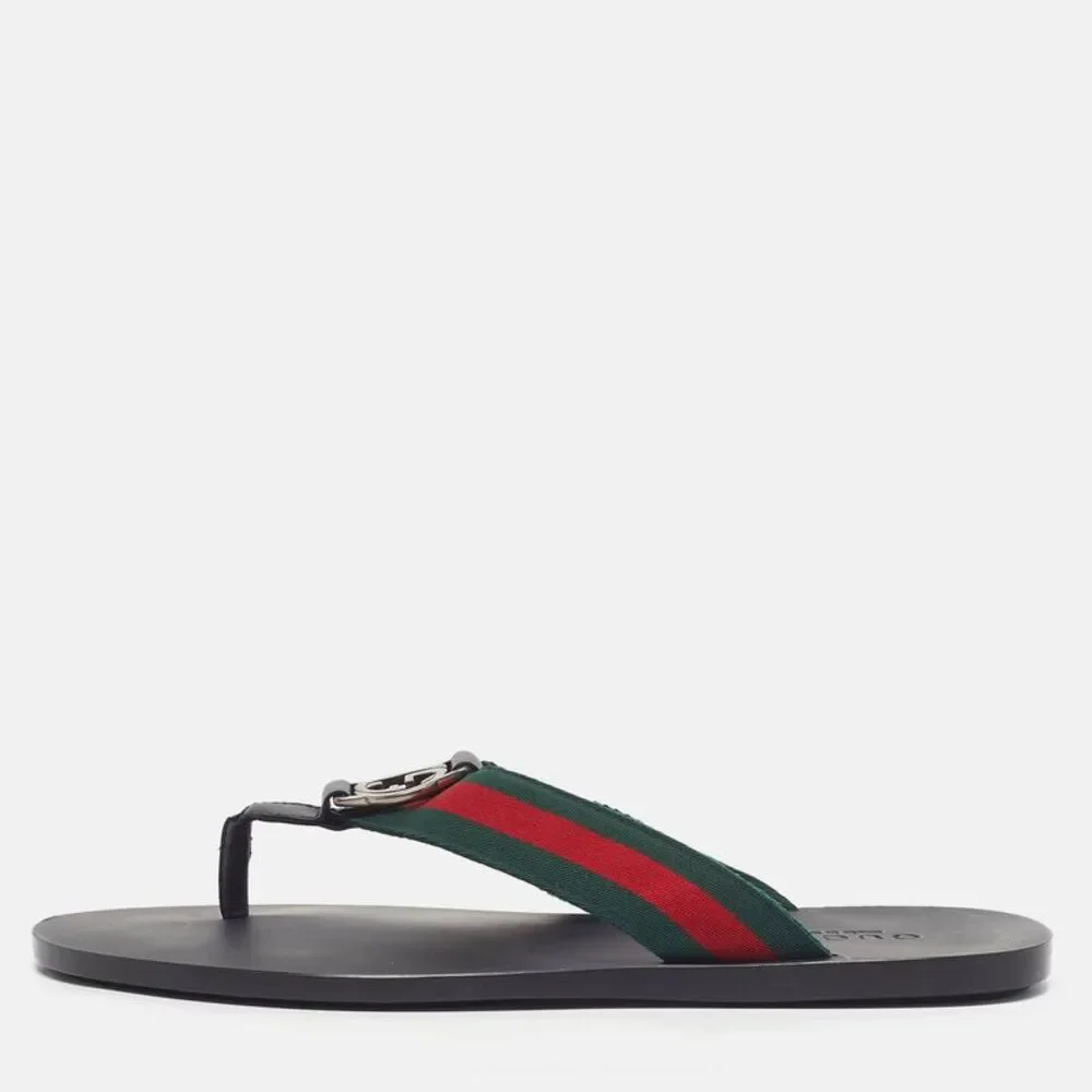 Gucci  Size 41 Black Leather Web Strap Interlocking G Thong Flats